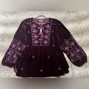 JOHNNY WAS Palmira Velvet Curved Hem Embroidered Prairie Blouse NWT XL $350